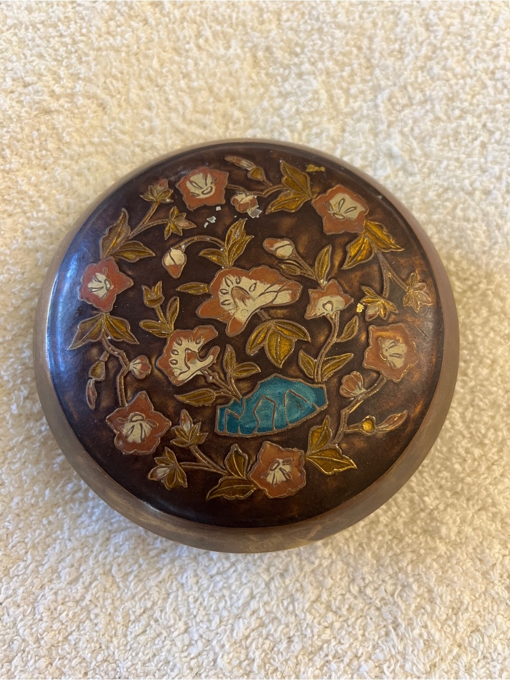 Vintage hand-chased brass round trinket/jewelry box likely mid-20th century